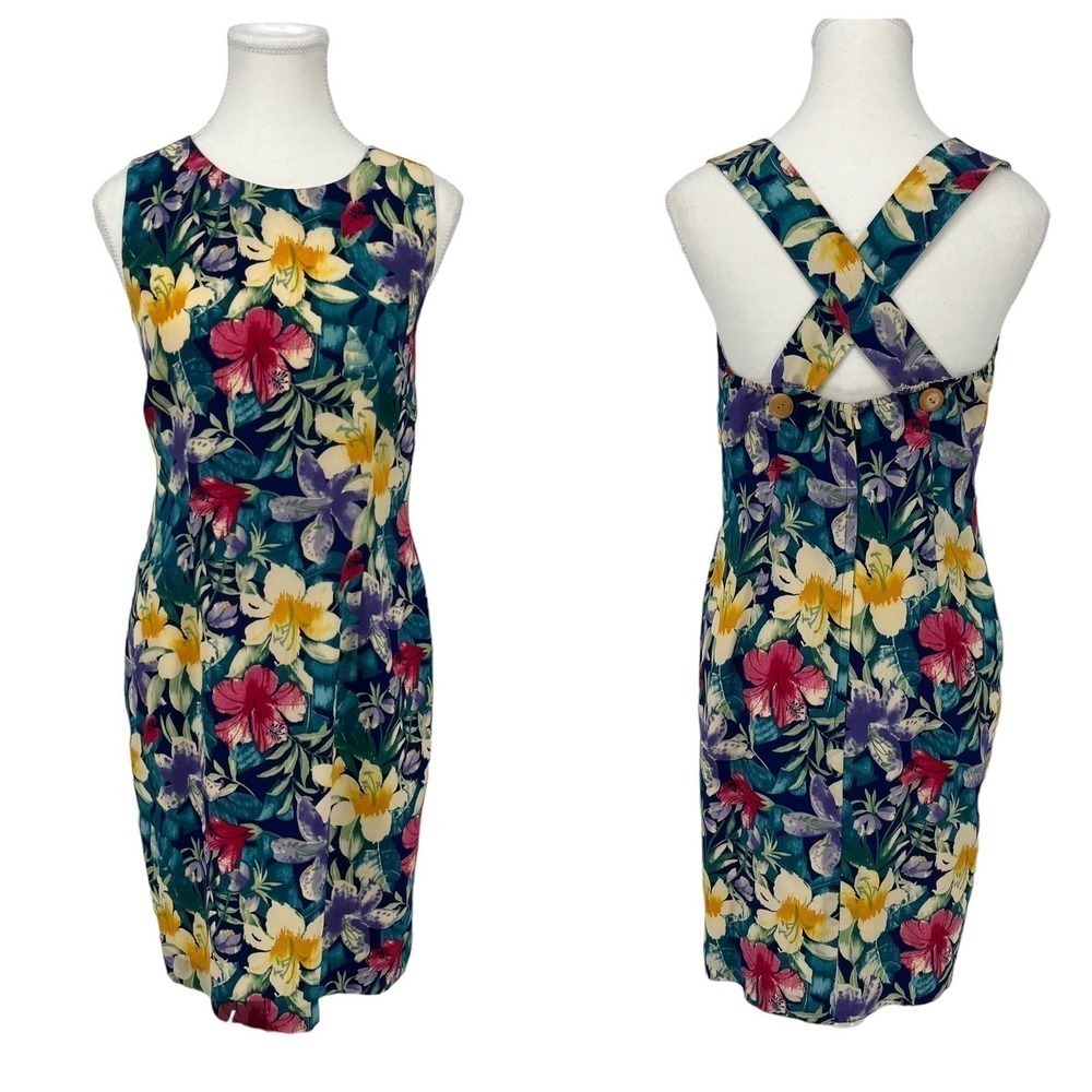 Vintage Maggy London Silk Mini Dress Hawaiian Tropical Floral Colorful 8 Petite‎